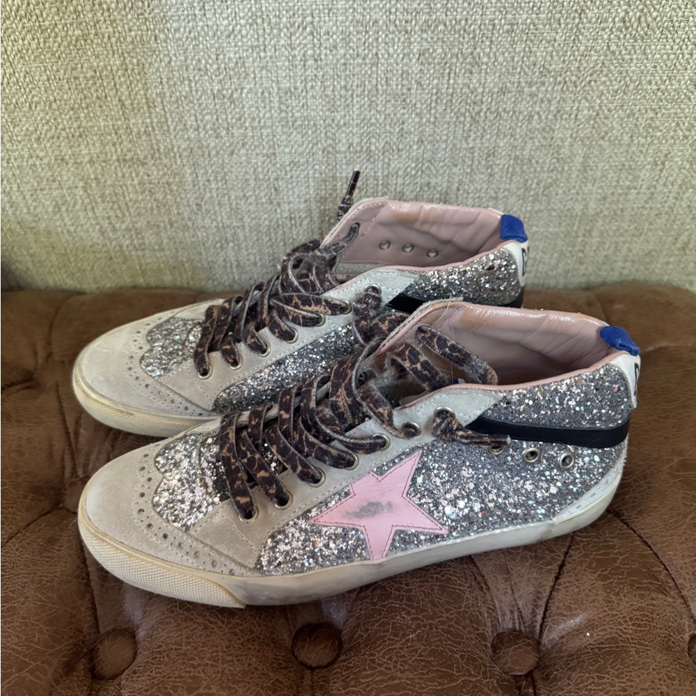 Golden Goose Silver and Pink Mid Star Sneakers